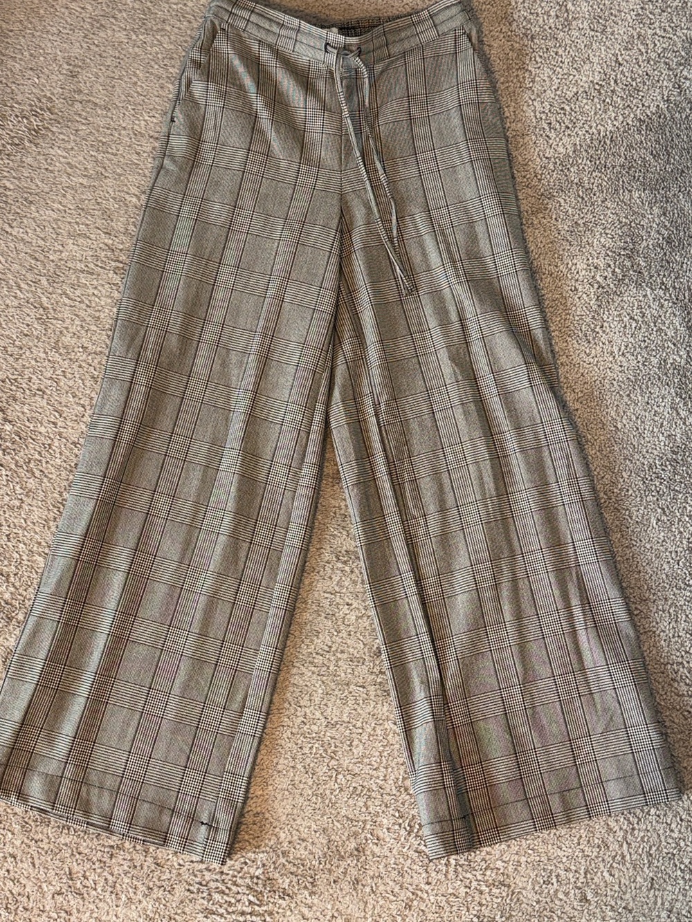 a new day Plaid Wide-Leg Drawstring Pants - Taupe, Gray